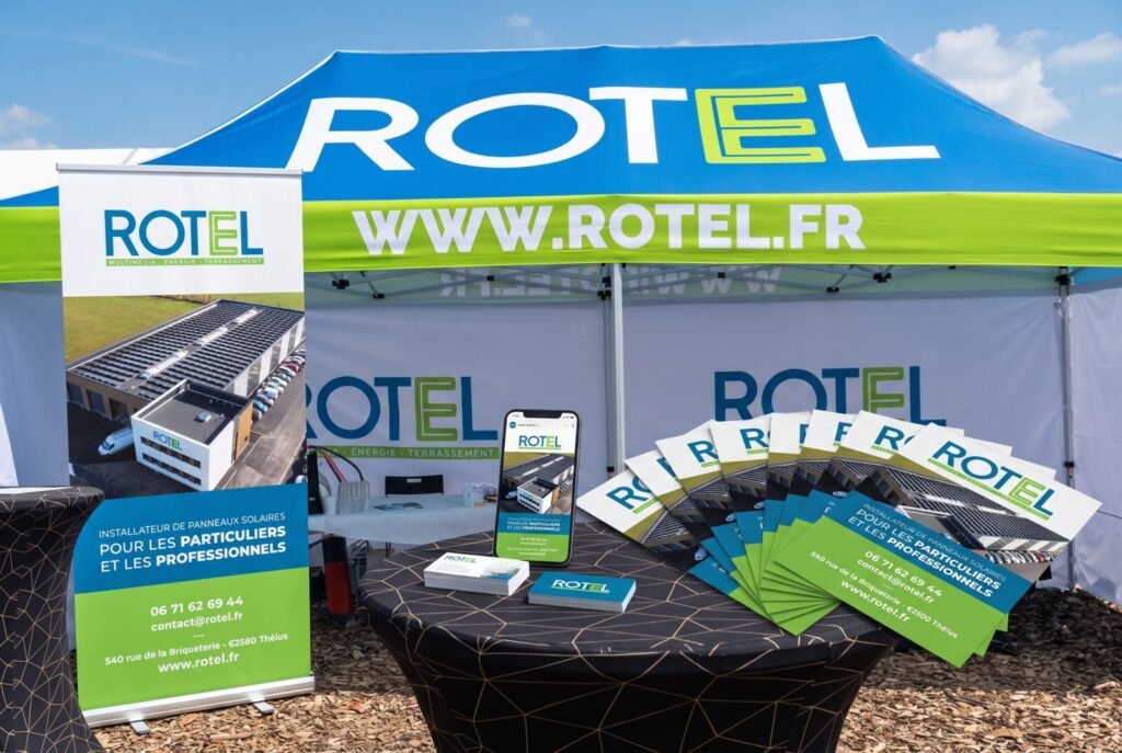 Rotel, supports de communication : tonnelle, kakémono, flyers et cartes de visite